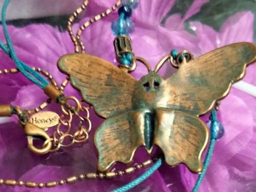 Necklace signed Avon Blue Butterfly enameled Pendant Crystals back copper tone metal duo chain