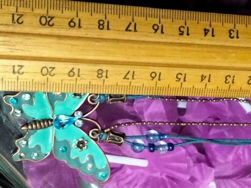 Necklace signed Avon Blue Butterfly enameled Pendant Crystals back copper tone metal duo chain
