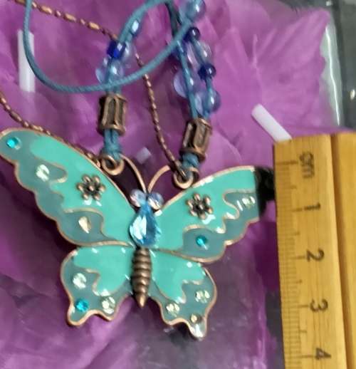 Necklace signed Avon Blue Butterfly enameled Pendant Crystals back copper tone metal duo chain