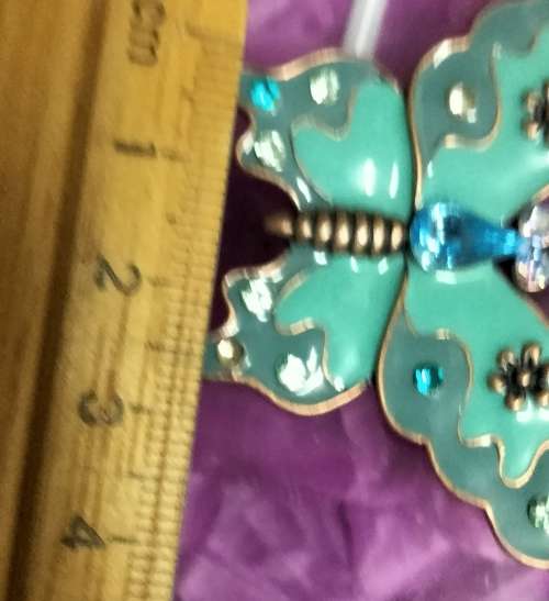Necklace signed Avon Blue Butterfly enameled Pendant Crystals back copper tone metal duo chain