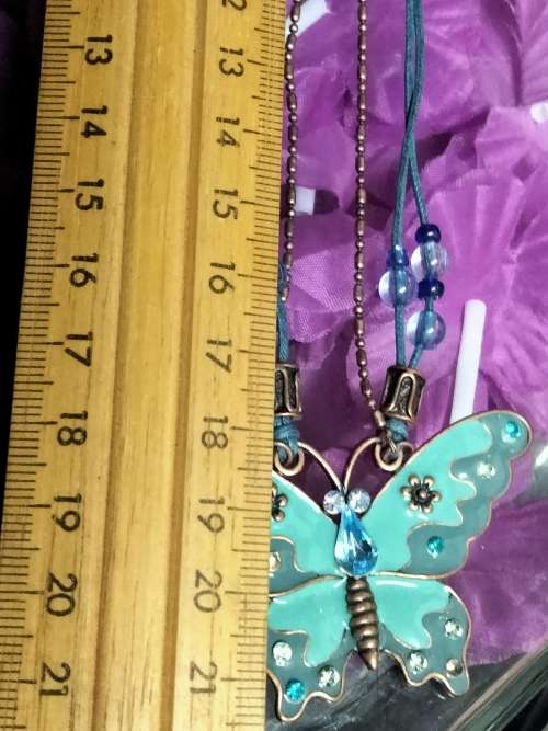 Necklace signed Avon Blue Butterfly enameled Pendant Crystals back copper tone metal duo chain