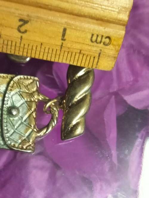 BROOCH Vintage French-Bar with 3 Charms on French 1Fleur de lys 1 medallion head on 1 hand bag