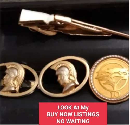 Cufflinks + Tie Clip - Riffle MOP 1 pair FNB tree script 10+1pr Roman Centurion Gold Tone metal