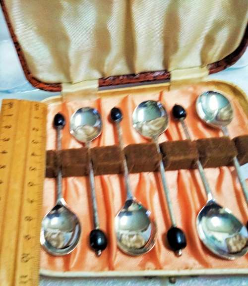 set boxed 6 Coffee bean Tea Spoons  Yeoman Plate EPNS England
