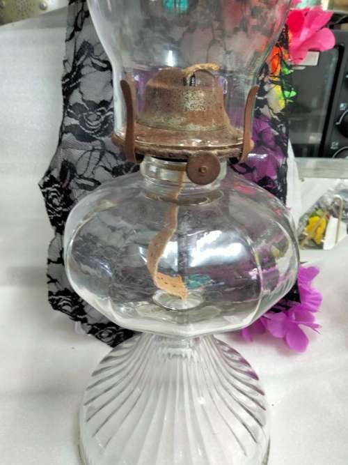 Antique Oil Lamp base rib glass design middle Boulbus holds brass mechanism Top glass fits into it