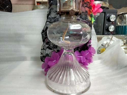 Antique Oil Lamp base rib glass design middle Boulbus holds brass mechanism Top glass fits into it