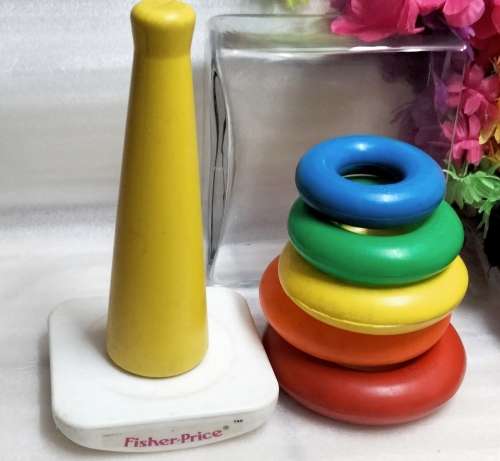 2 !!! 1 VTG FISHER PRICE ROCK-A-STACK motor skills toy 5 colourful rings+1 Big tooth Rocks musical b