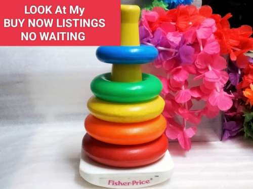 2 !!! 1 VTG FISHER PRICE ROCK-A-STACK motor skills toy 5 colourful rings+1 Big tooth Rocks musical b