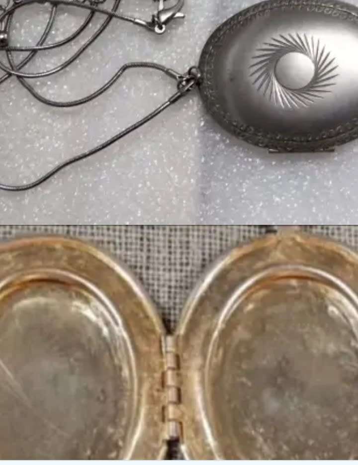 Unusual Necklace LOCKET hinged +Chain 2 tone metal outside embossed design+ silver inside gilt