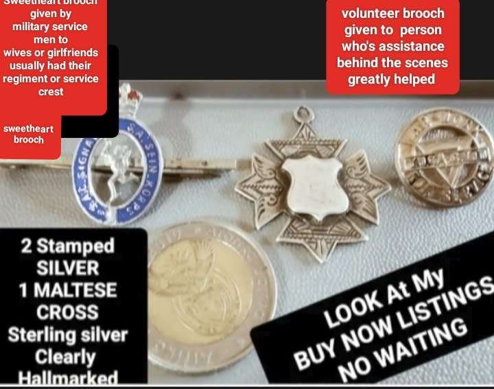 STERLING SILVER Fob CharmMalteseCrossShield William LeatherBIRMINGHAM+WW2PinVolunteer+Sweetheart Bro