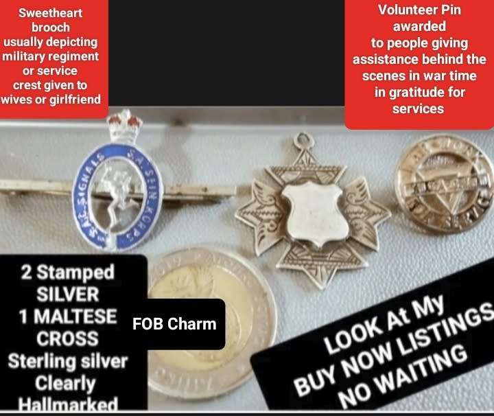 STERLING SILVER Fob CharmMalteseCrossShield William LeatherBIRMINGHAM+WW2PinVolunteer+Sweetheart Bro