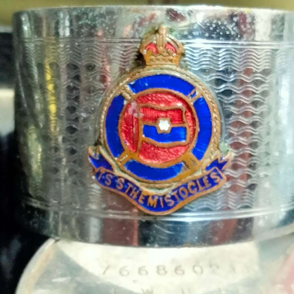 Dog tags can opener chain- perspex badge buck -S.A.I. Ship Liner EPNS napkin ringT.S.S. Themistocsle