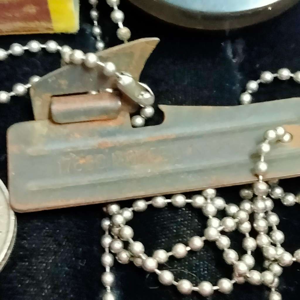 Dog tags can opener chain- perspex badge buck -S.A.I. Ship Liner EPNS napkin ringT.S.S. Themistocsle