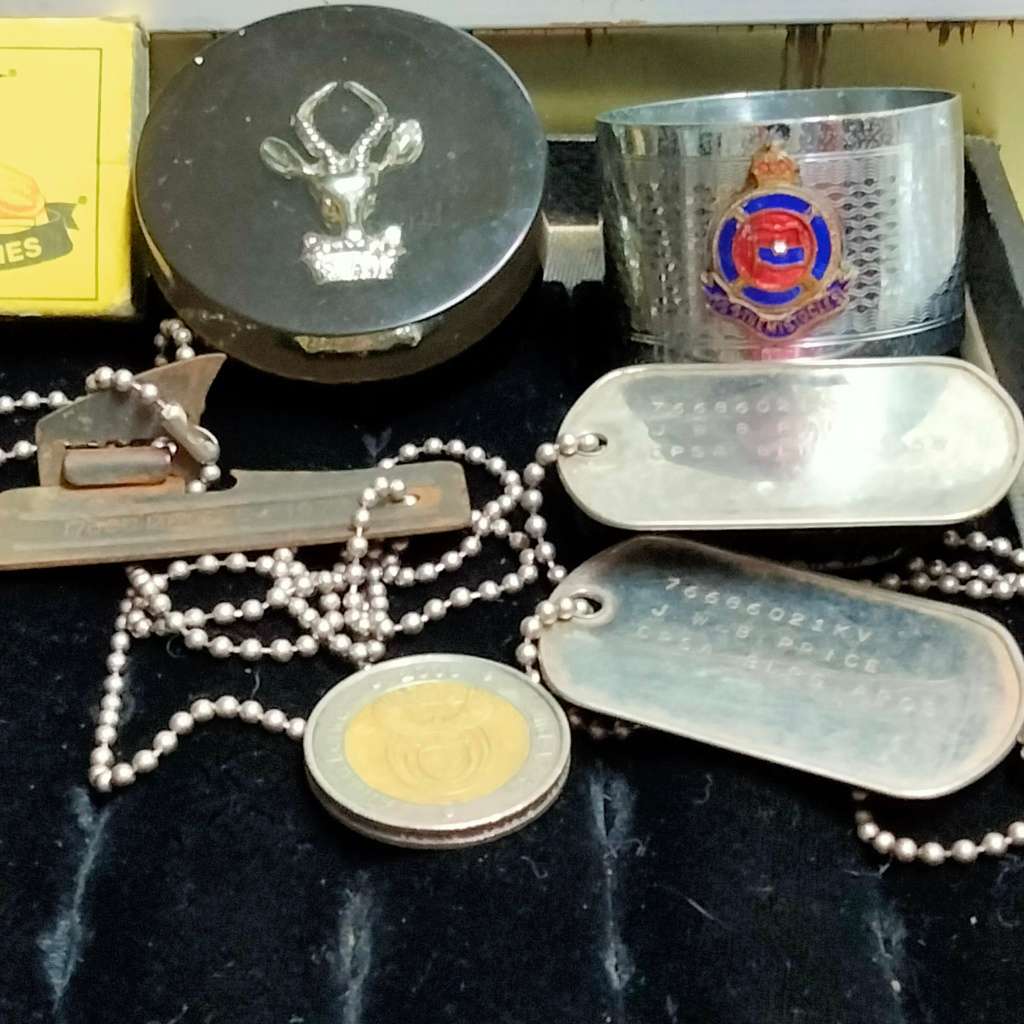 Dog tags can opener chain- perspex badge buck -S.A.I. Ship Liner EPNS napkin ringT.S.S. Themistocsle