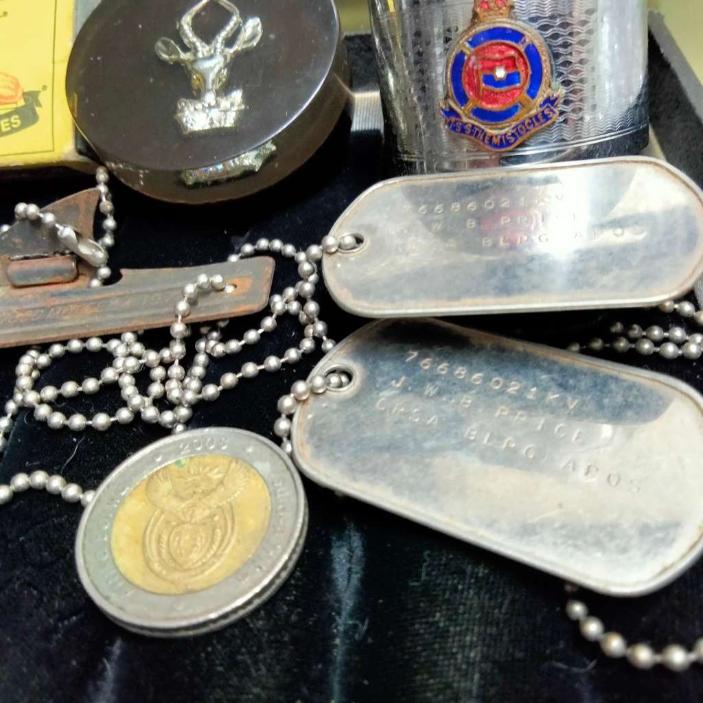 Dog tags can opener chain- perspex badge buck -S.A.I. Ship Liner EPNS napkin ringT.S.S. Themistocsle