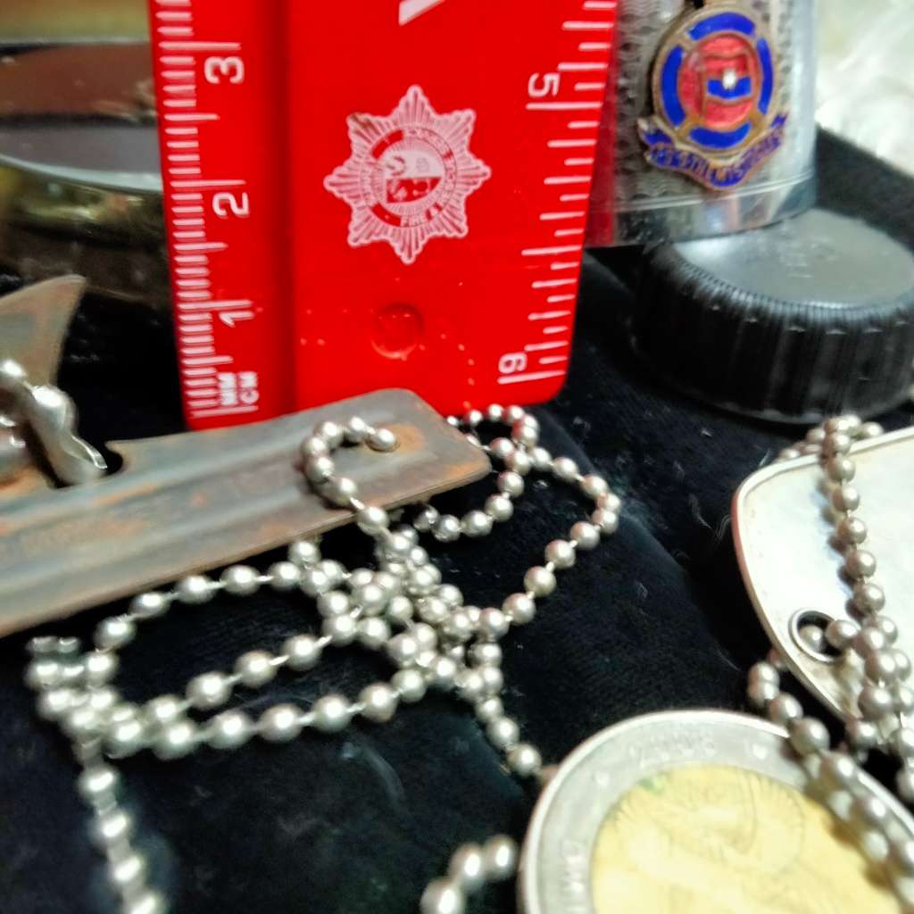 Dog tags can opener chain- perspex badge buck -S.A.I. Ship Liner EPNS napkin ringT.S.S. Themistocsle