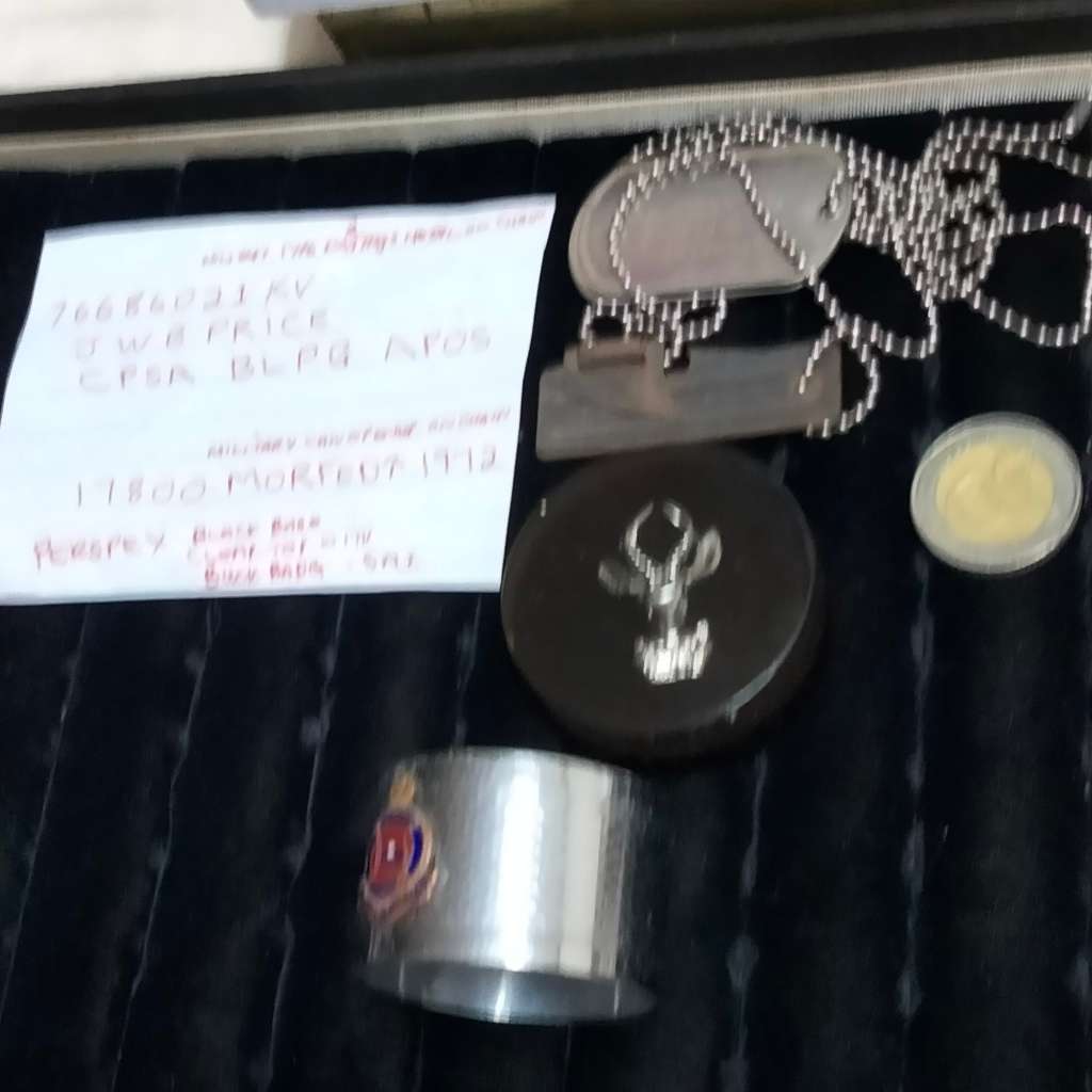 Dog tags can opener chain- perspex badge buck -S.A.I. Ship Liner EPNS napkin ringT.S.S. Themistocsle