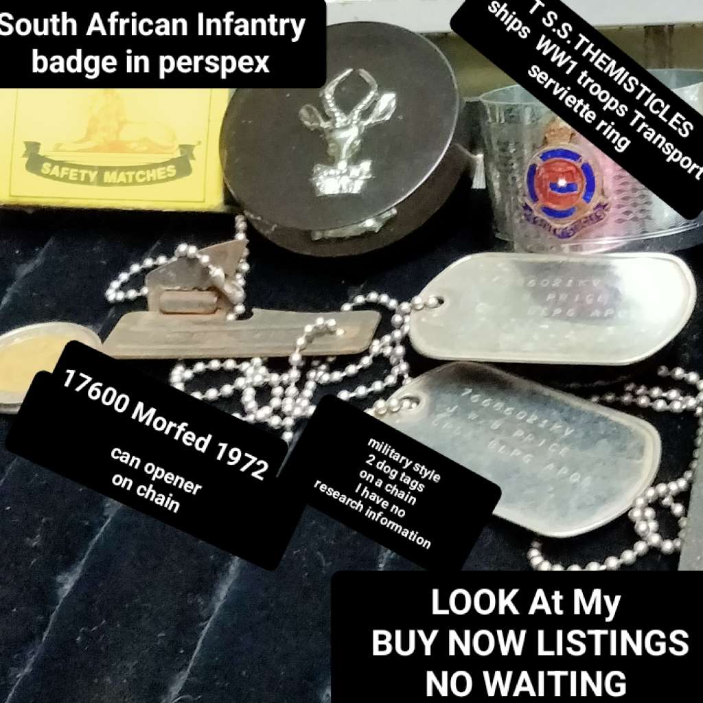 Dog tags can opener chain- perspex badge buck -S.A.I. Ship Liner EPNS napkin ringT.S.S. Themistocsle