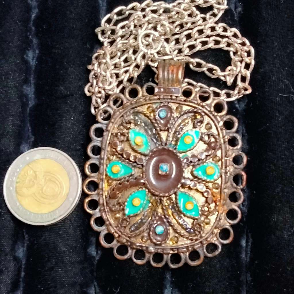 NECKLACE- Oxidised style PENDANT large square cloisonné flowers +New chain lobster clasp SILVER tone