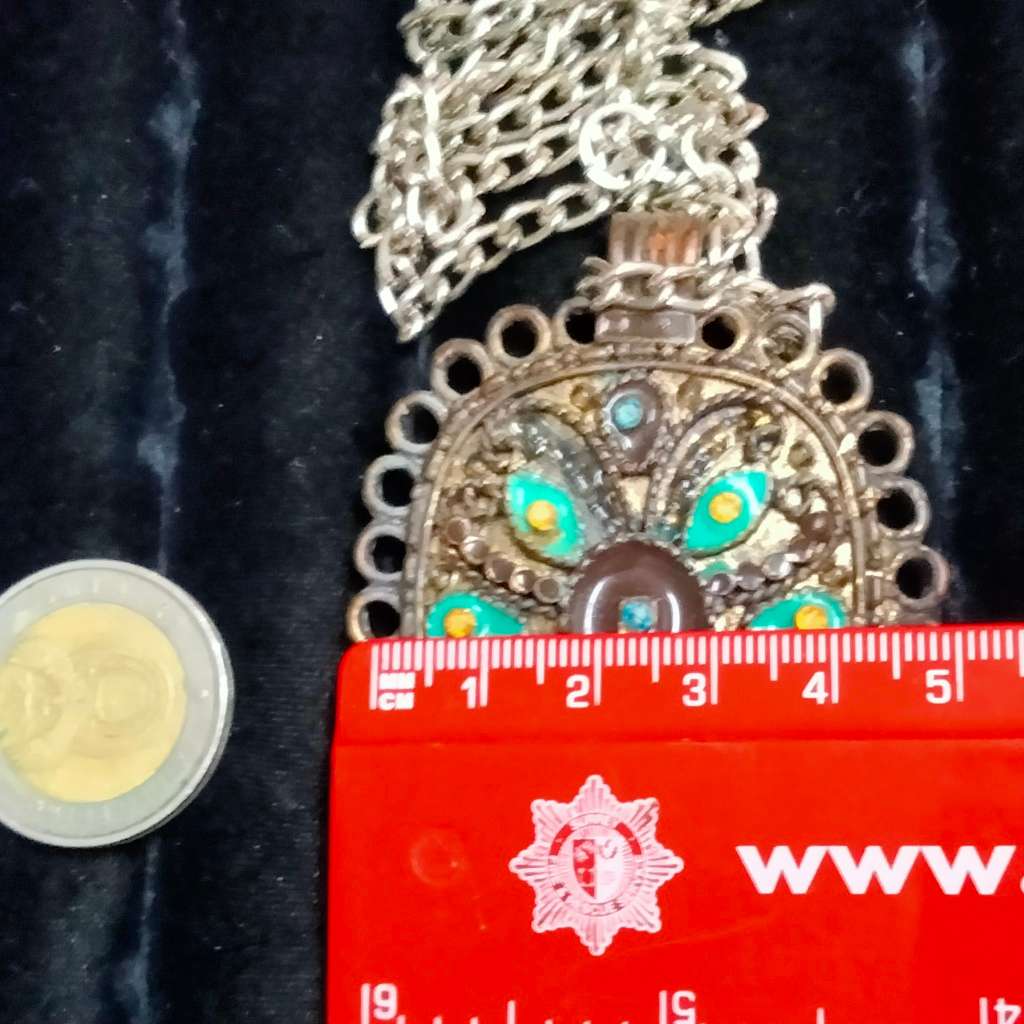 NECKLACE- Oxidised style PENDANT large square cloisonné flowers +New chain lobster clasp SILVER tone