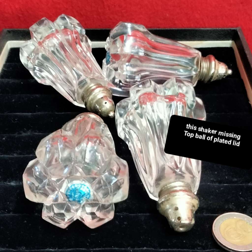 SALTS - 4 FB Rogers Crystal Japan glass salt+pepper shakers + EPNS* Lids+
