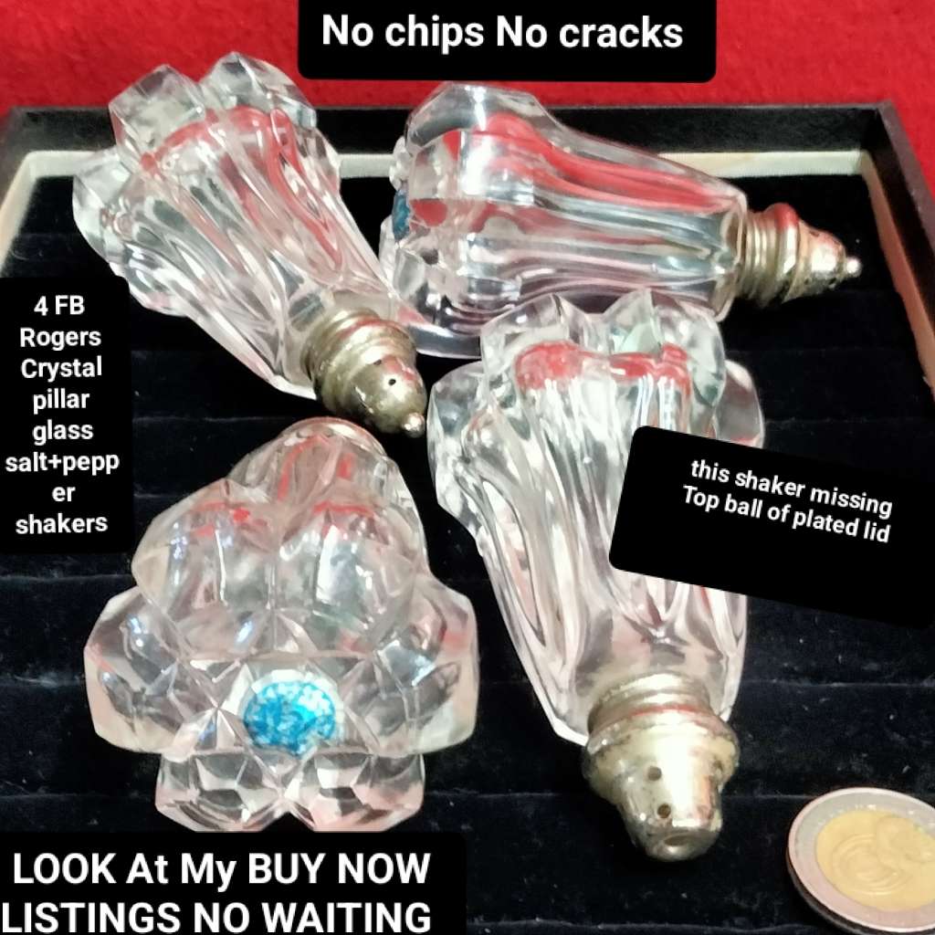 SALTS - 4 FB Rogers Crystal Japan glass salt+pepper shakers + EPNS* Lids+