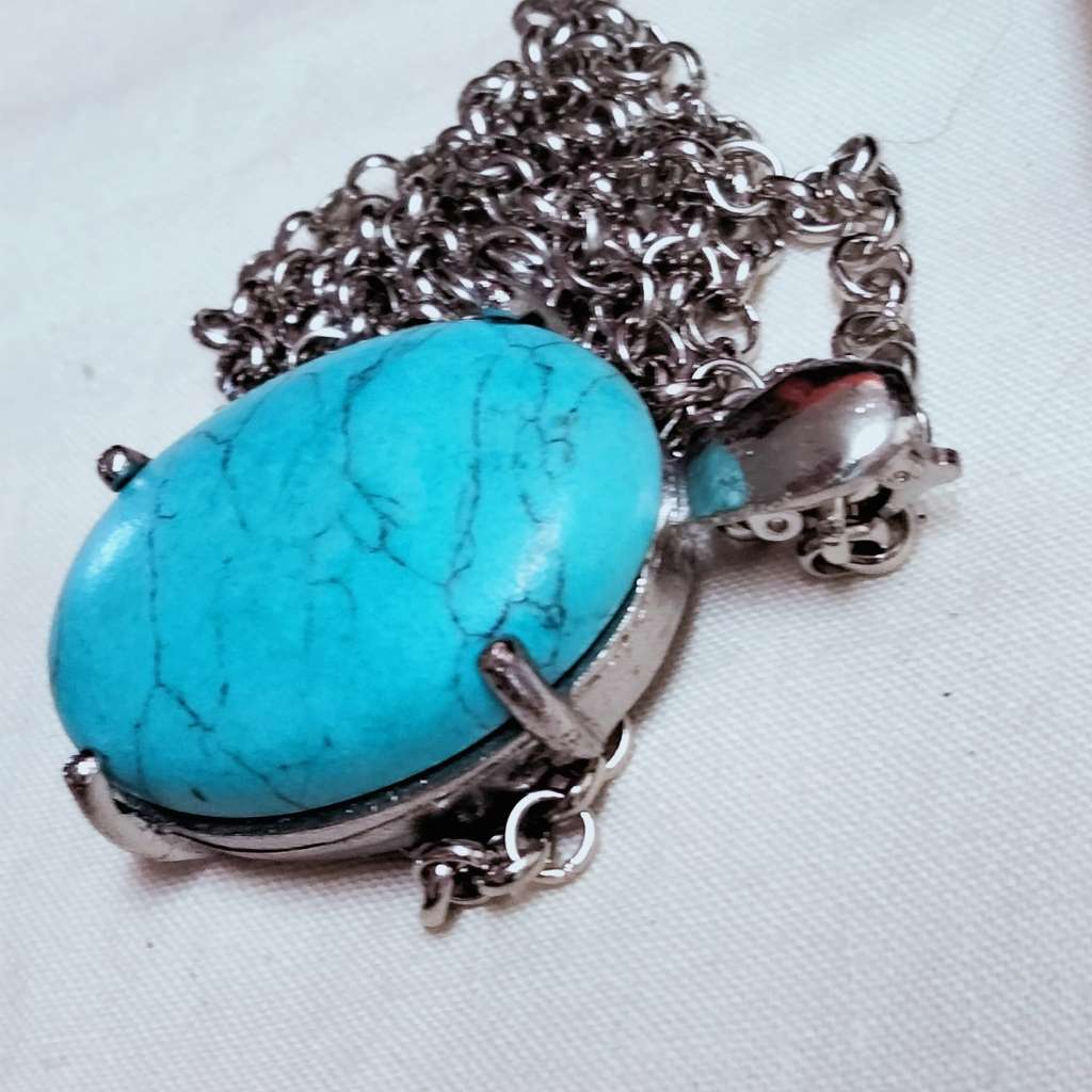 Torquois Pendant+mod Belcher Chain Necklace  Silver Tone Large Pendant LOOK At My BUY NOW*NO WAITING