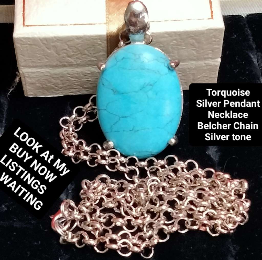 Torquois Pendant+mod Belcher Chain Necklace  Silver Tone Large Pendant LOOK At My BUY NOW*NO WAITING