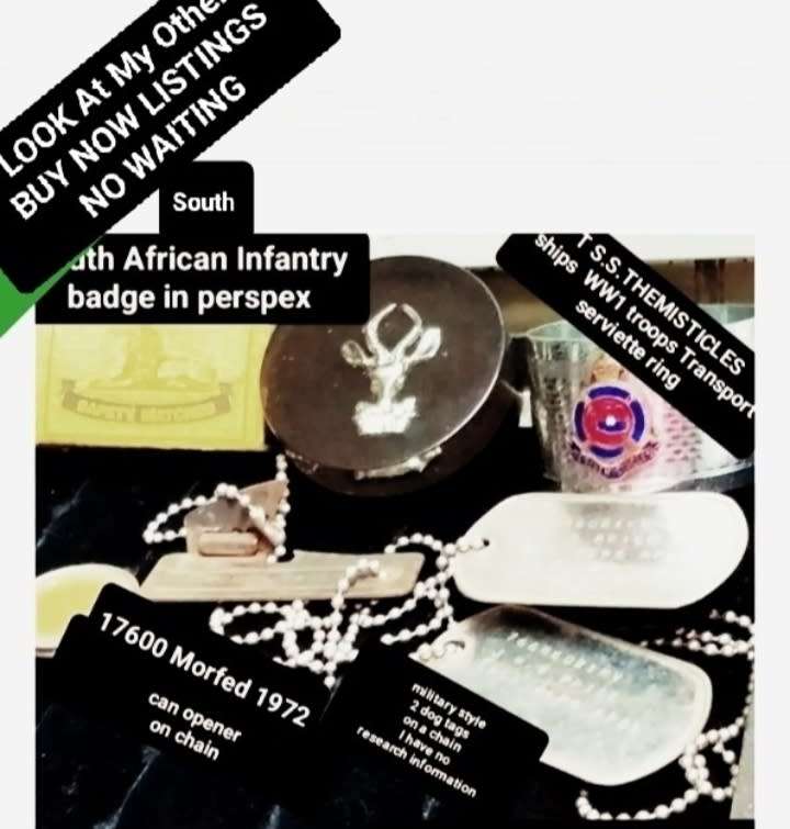 Dog tags can opener chain- perspex badge buck -S.A.I. Ship Liner EPNS napkin ringT.S.S. Themistocsle