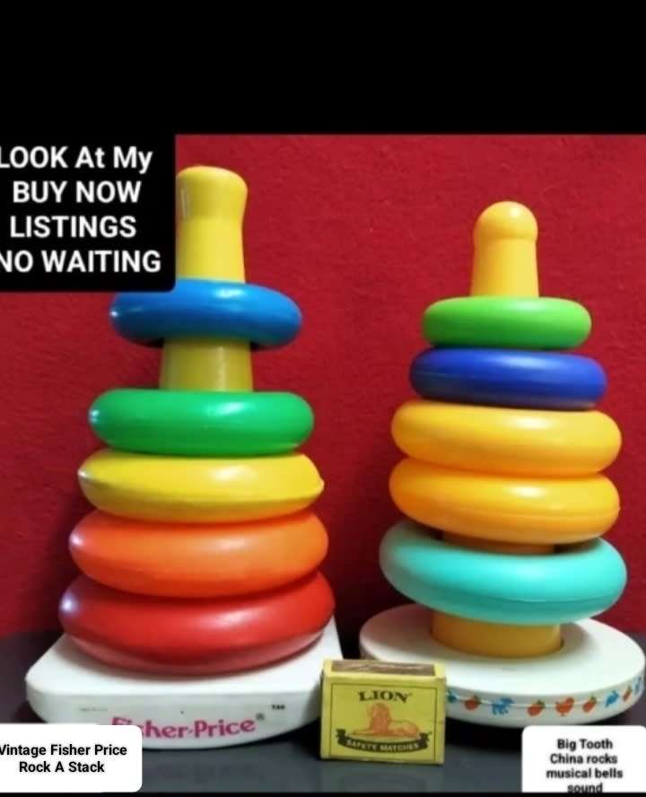 2 !!! 1 VTG FISHER PRICE ROCK-A-STACK motor skills toy 5 colourful rings+1 Big tooth Rocks musical b