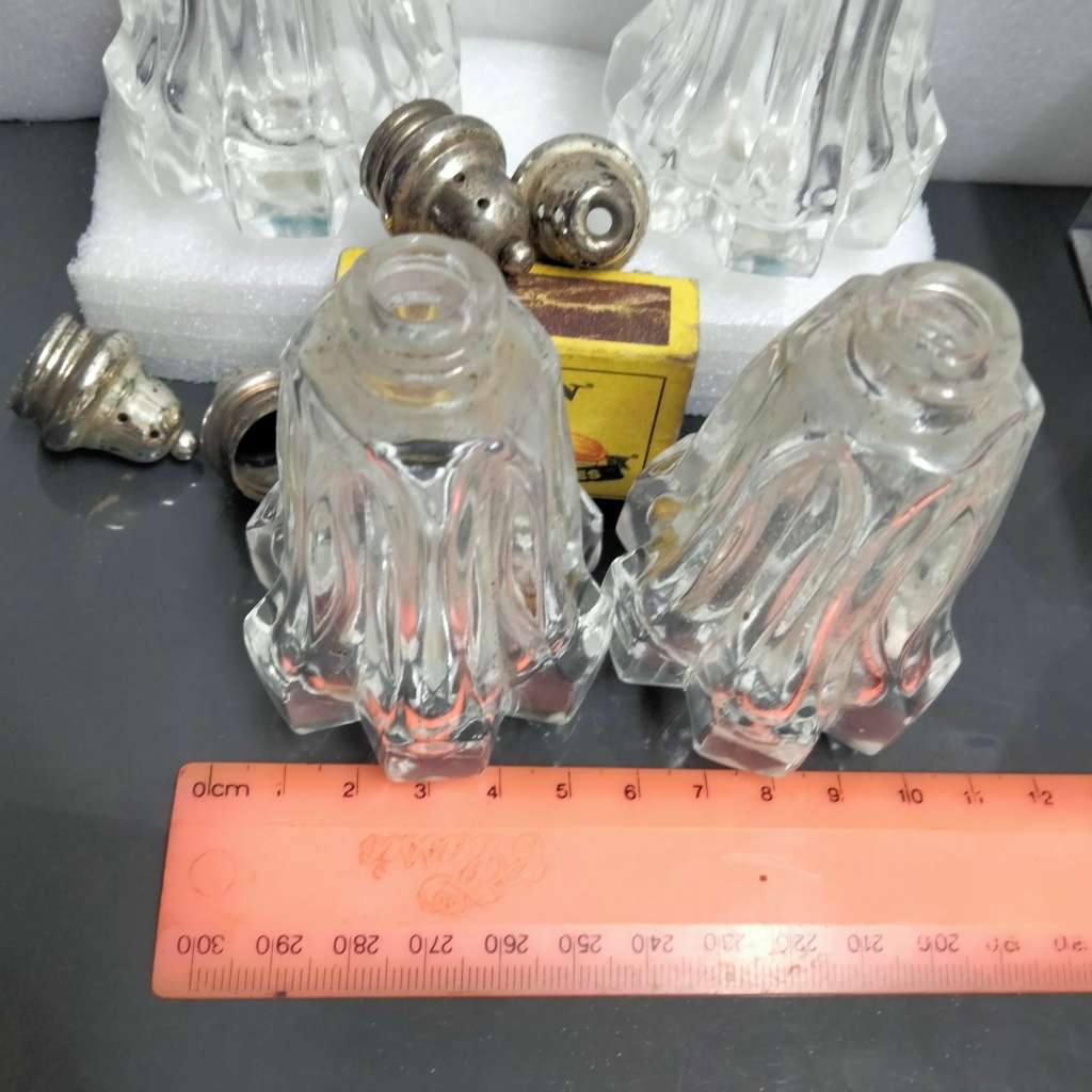 SALTS - 4 FB Rogers Crystal Japan glass salt+pepper shakers + EPNS* Lids+