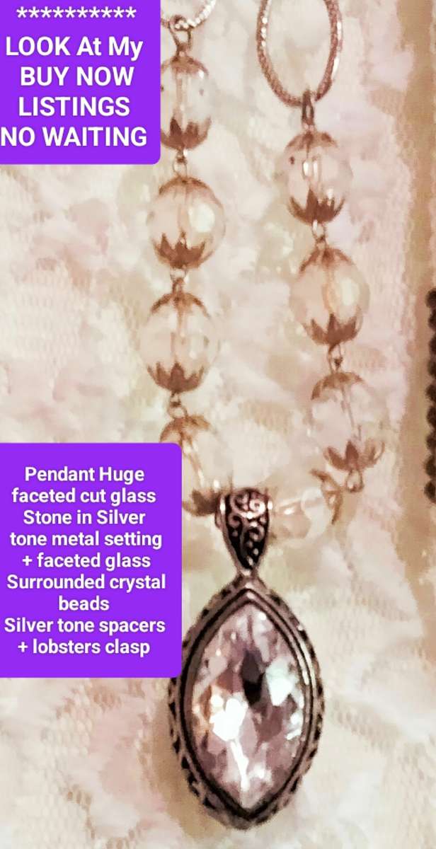 Necklace Huge Cut Glass Faceted SPARKLING Stone + round beads Czech or Italy