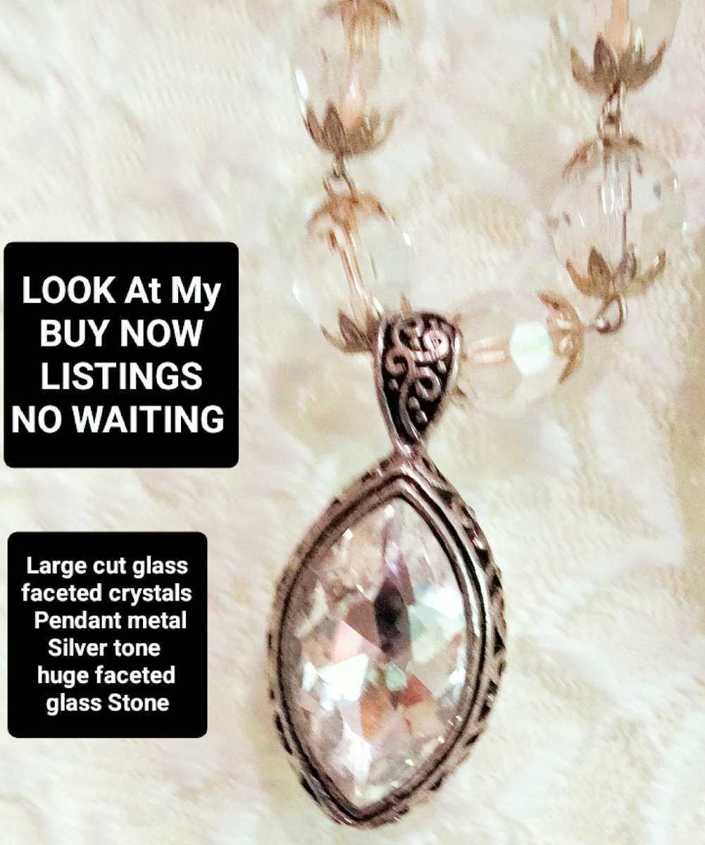 Necklace Huge Cut Glass Faceted SPARKLING Stone + round beads Czech or Italy