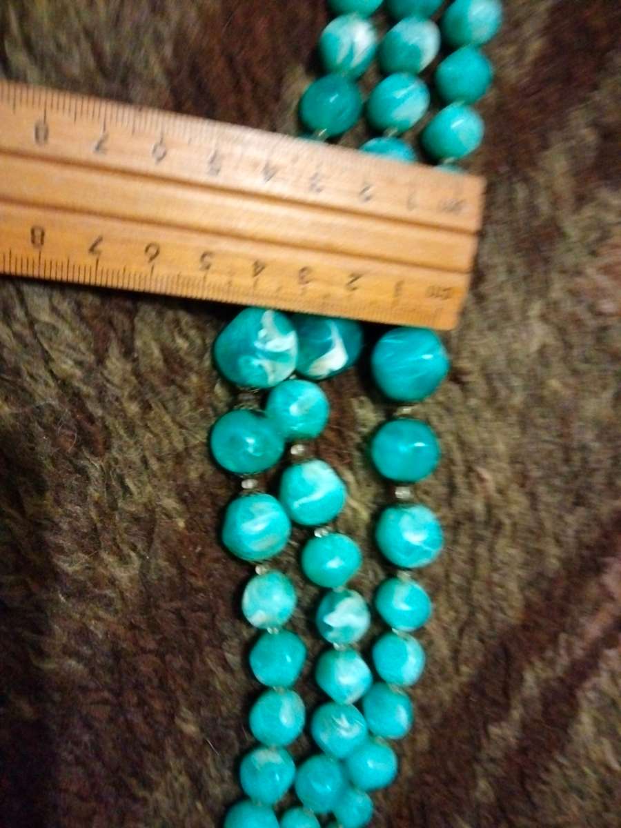 Necklace - Bib 3 Strand composite graduating blue white swirls round beads