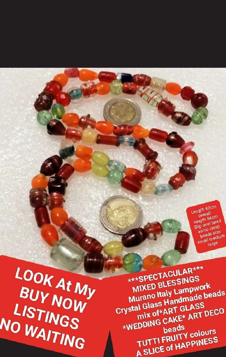 Necklace Murano Italian crystal lampwork mix beads - wedding cake Art Glass - stretch