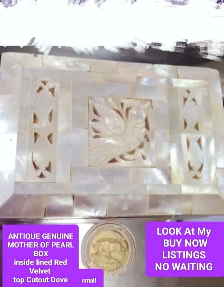 ANTIQUE Mother o Pearl hinged BOX Dove Cutout red linedLOOK AT My BUY NOW LISTINGS NO WAITING