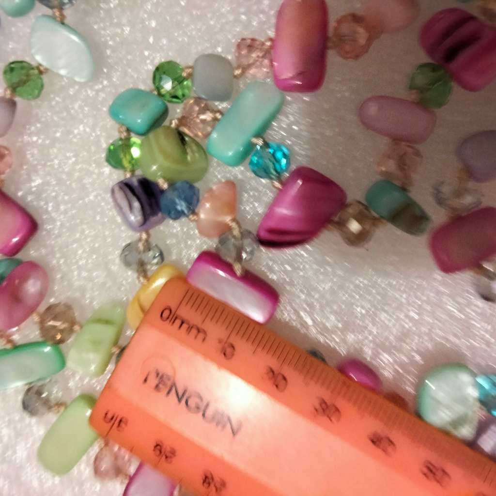 Necklace Genuine Mother of Pearl+ crystals cut glass Pastel shades hand knott between each bead