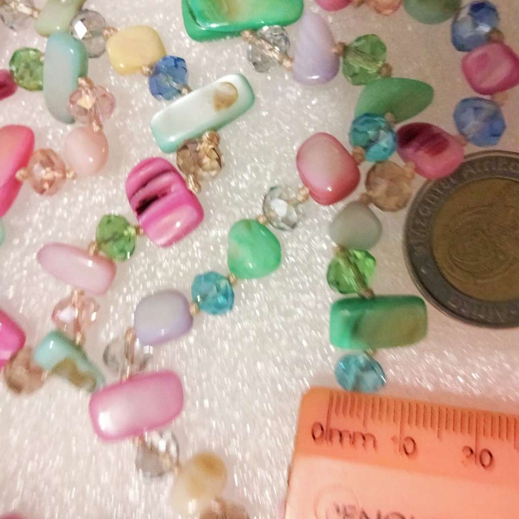 Necklace Genuine Mother of Pearl+ crystals cut glass Pastel shades hand knott between each bead