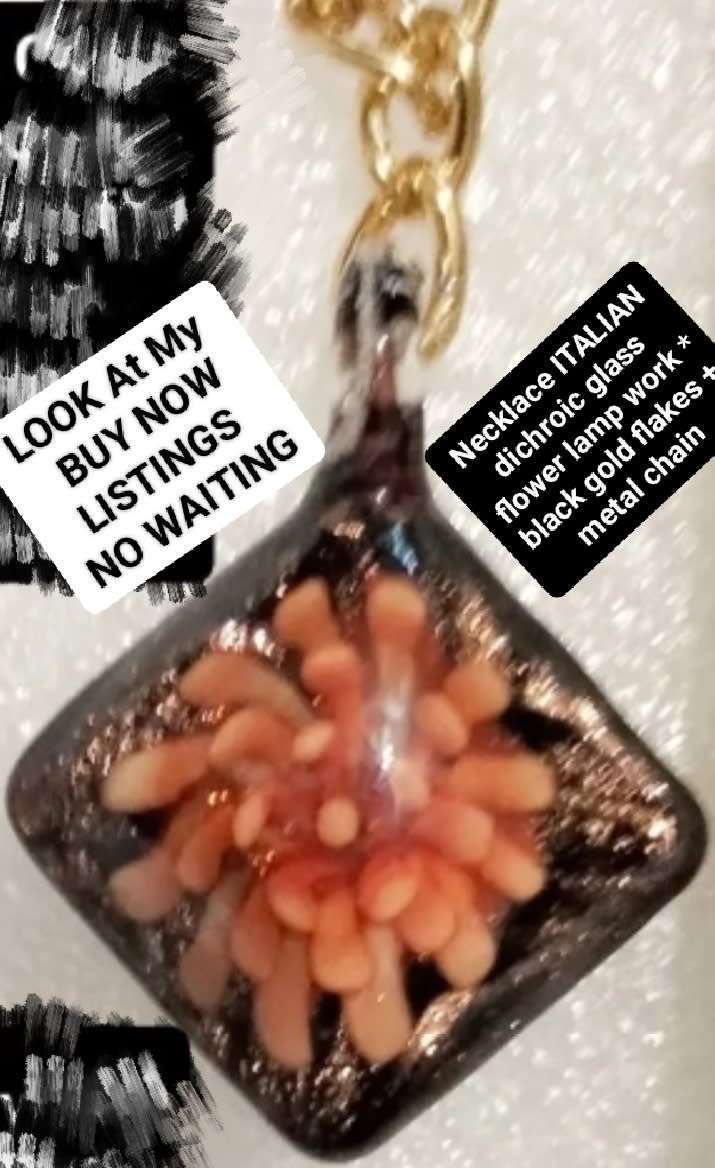 Necklace ITALIAN dichroic Glass flower Lampwork Gold Flakes+Chain Look at my Buy Now No Waiting