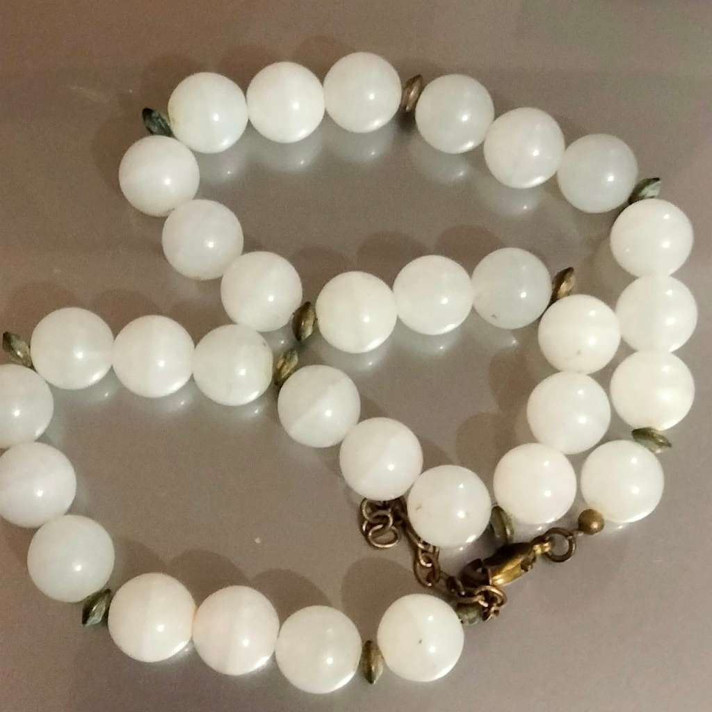 Necklace -Natural WHITE OPAL Cat's eyes SemiPrecious GEM stone cut Polished  stripes like cats eyes