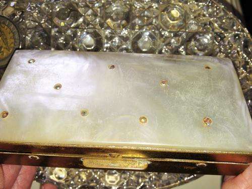 BOX- MOTHER OF PEARL -Top  INLAID COLOUR STONES* ENGIN TURNED METAL DECOR INSIDE