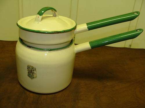 ENAMEL  DOUBLE BOILER CREAM AND GREEN