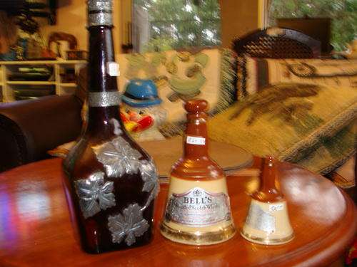 WOW!!!!2 WADE  BELLS  SMALL DECANTERS & 1 BROWN WITH PEWTER DECORATION