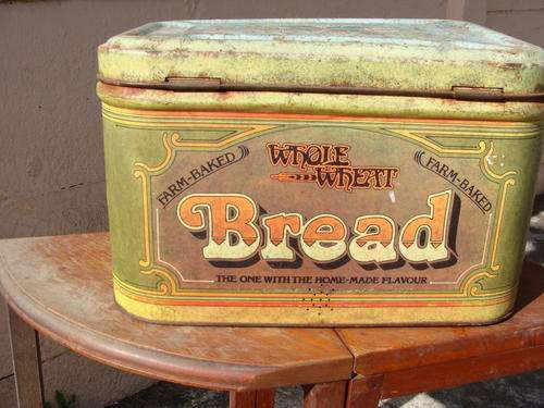 OLD TIN BREAD BIN  decorated with whole wheat  bread-  rusted lovely old thing