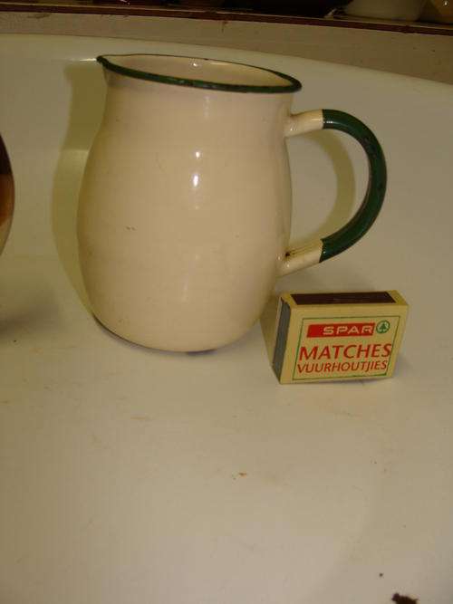 1 SMALL VINTAGE  ENAMEL JUG CREAM with GREEN TRIM-!!!!SWEET !!SWEET! SWEET
