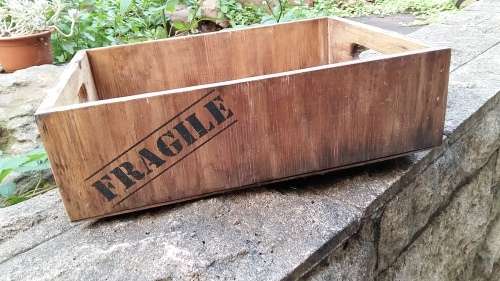 WOODEN CARRY CRATE, MARKED RIVER WOODS AND FRAGILE, GREAT DECOR PIECE