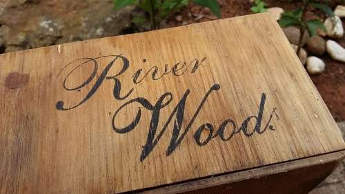 WOODEN CARRY CRATE, MARKED RIVER WOODS AND FRAGILE, GREAT DECOR PIECE