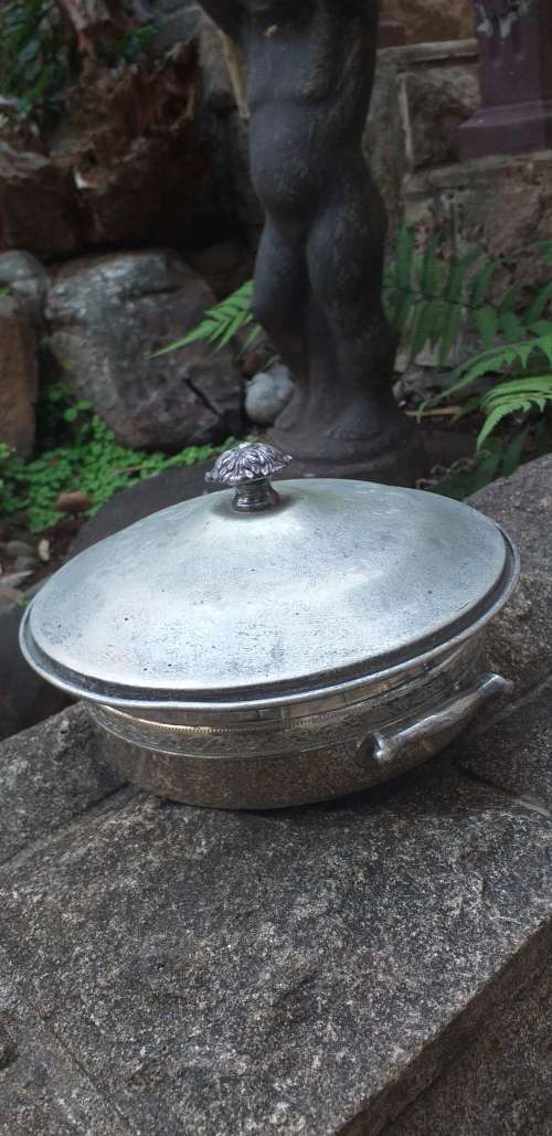 Viking Plate EP Copper Lead Mounts Vintage 3 Piece Serving Dish with Lid and Glass Inner