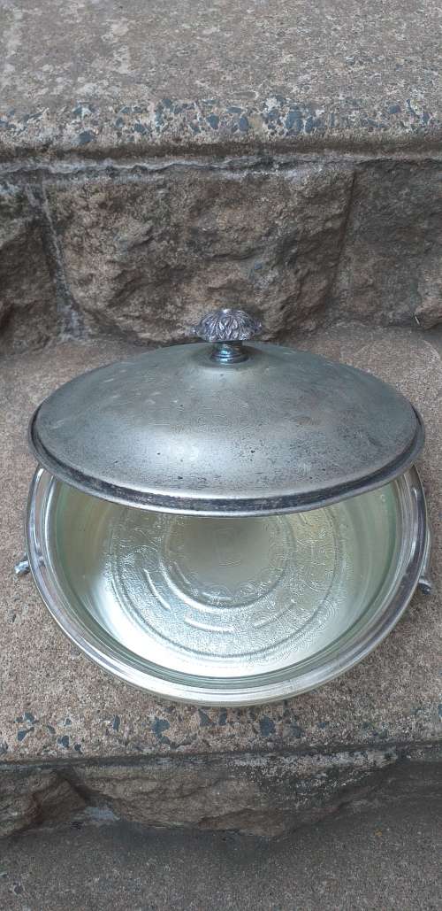 Viking Plate EP Copper Lead Mounts Vintage 3 Piece Serving Dish with Lid and Glass Inner