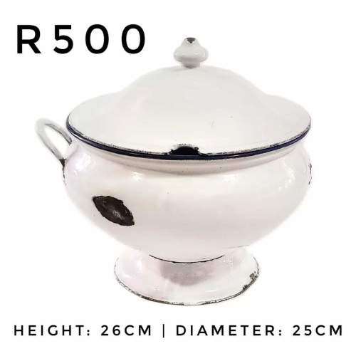 White enamel soup bowl with one handle
